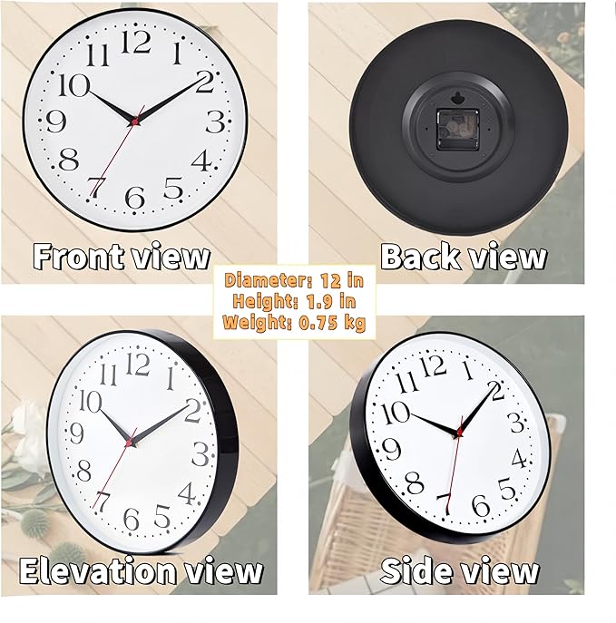 Wall Clock Battery Operated, 12 Inch Silent Non Ticking Quartz Round Large Wall Clock Accurate Timekeeping Wall Clocks for Living Room Decor, Bedroom, Kitchen, Bathroom, Office and School