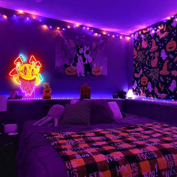 GGK Smiling with Mushrooms Neon Sign Unique Mushroom Decor Aesthetic Room Decor Trippy Mushrooms Light for Halloween Parties, Bedroom Wall, Bar, Game Room, Man Cave