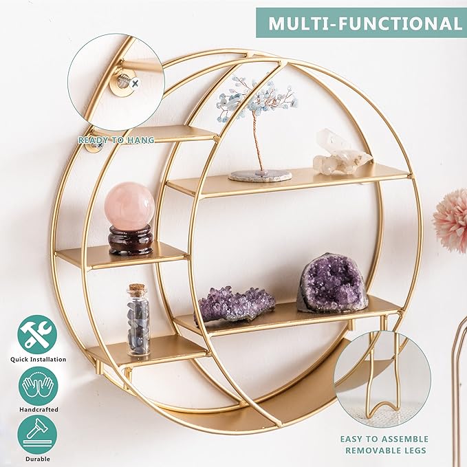 Moon Shelf for Crystals - Circle Shelf Wall Decor for Wall and Countertop - Crystal Shelf Display for Stones, Essential Oil, Pendulum - Boho Hanging Moon Shelves (Matte Gold)