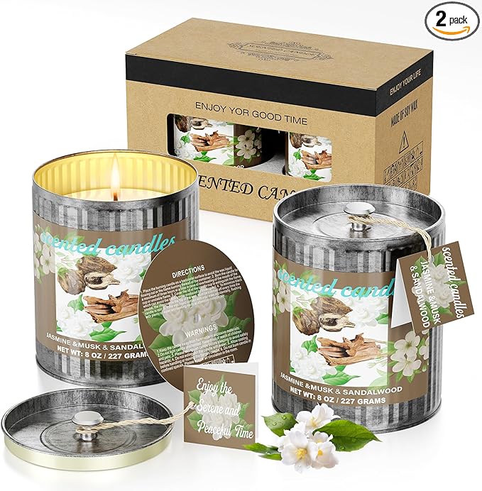Vintage Scented Candles Gift Set (2 x 8 oz) - Jasmine, Musk & Sandalwood Aromatherapy Candle, Natural Soy Wax Candle, (2 x40) Hours Burn,8% Fragrance Oil, Holiday Gifts for Home Decor & Christmas