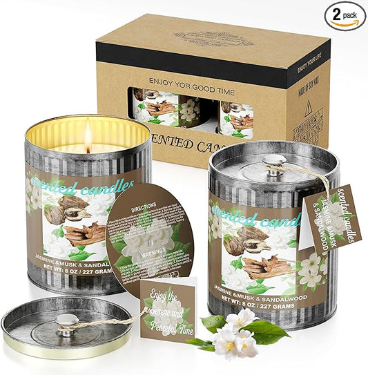 Vintage Scented Candles Gift Set (2 x 8 oz) - Jasmine, Musk & Sandalwood Aromatherapy Candle, Natural Soy Wax Candle, (2 x40) Hours Burn,8% Fragrance Oil, Holiday Gifts for Home Decor & Christmas