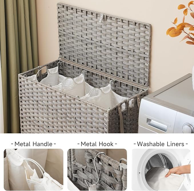 Laundry Hamper with Wheels, 39.6 Gallon(150L) Rolling Laundry Basket with Lid, 3-Section Rattan Clothes Hamper with 3 Removable Liner & 3 Mesh Bags, Laundry Sorter with Side Pocket, Grey