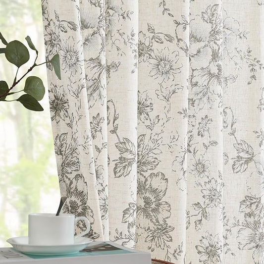 jinchan Linen Blend Curtain Floral Curtains for Living Room 96 Inch Length Grey Printed Curtain Back Tab Farmhouse Peony Flower Patterned Drapes Bedroom Window Curtains Set 2 Panels