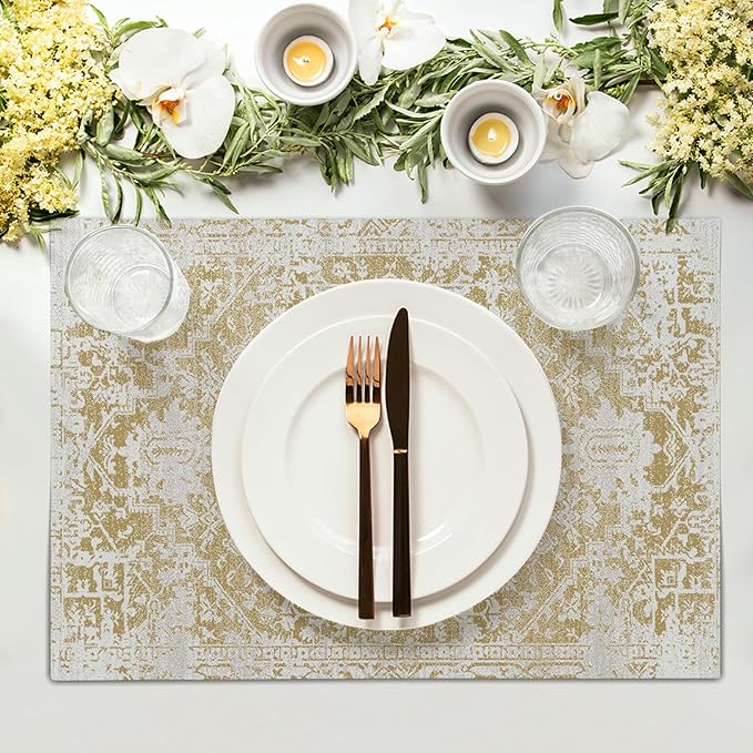 Gray Tan Boho Placemats Set of 6 Ethnic Bohemian Carpet Place Mats Washable Kitchen Dining Vintage Grey Geography Floral Linen Table Mats Stain Heat-Resistant for Home Party Indoor 12x18 in