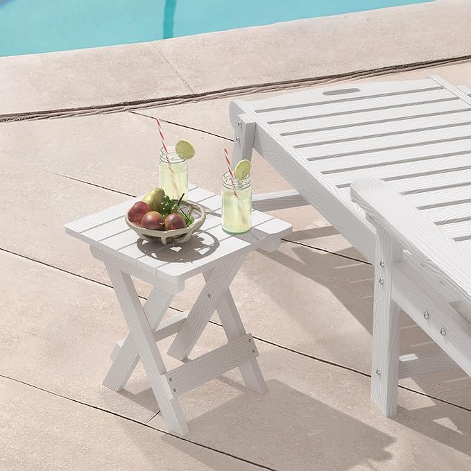 LUE BONA Small Outdoor Folding Side Table, Indoor Shower Bench Stool, HDPS End Table for Bathroom, Patio, Pool, 14 Inch Height, White