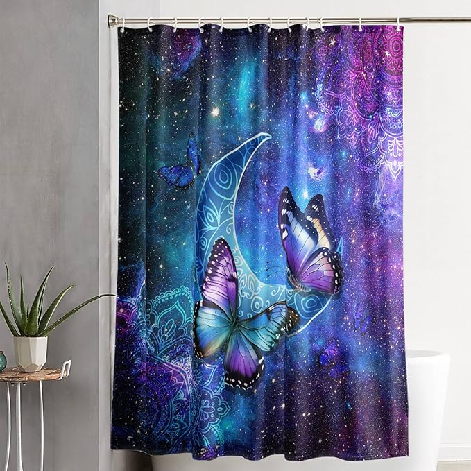 AILONEN Butterfly Shower Curtain, Mystic Moon Cloth Bath Curtain Set for Teen Adults Bathroom,Beautiful Purple Butterfly Starry Night Shower Curtain Liner,72" W*84" H
