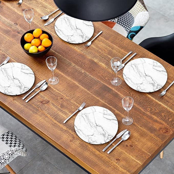 Round Leather Placemats Set of 4 PU Waterproof Non-Slip Washable Heat Resistant Place Mat for Kitchen Dining Table - Marble White