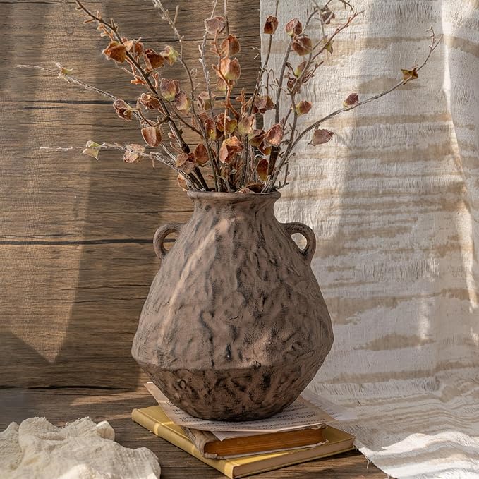 Ceramic Rustic Farmhouse Flower Vase with 2 Handles, 10.6 Inch Tan Brown Vintage Clay Terracotta Pottery Texture Handmade Vase,Wabi Sabi Home Living Room Table Decor,Gift for Women Girls