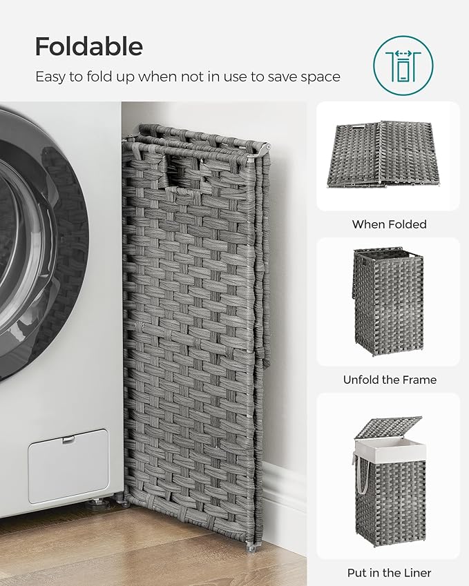 SONGMICS Laundry Hamper with Lid, 17.2 Gallon (65 L) Synthetic Rattan Clothes Laundry Basket with Lid and Handles, Foldable, Removable Liner, Dove Gray ULCB165G01