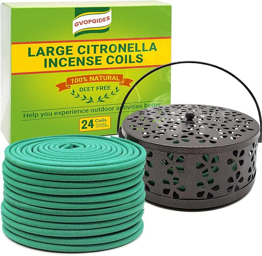 Large Citronella Incense coils and Coil Incense Holder, Made from Natural Plants, Suitable for Outdoor, Living Room, Terrace use (24 Coils and 1 Coil Incense Holder)