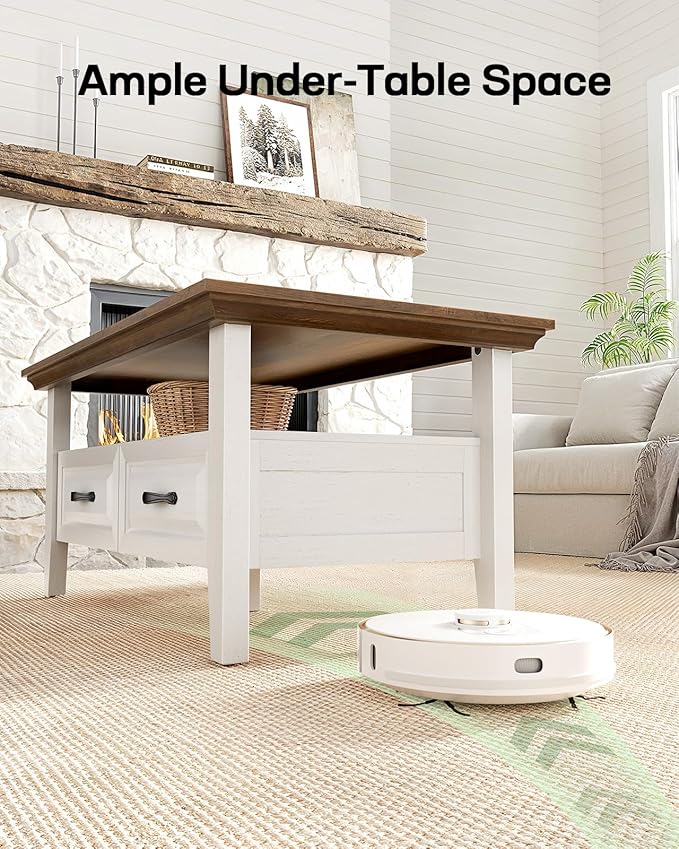 Marsail Farmhouse Coffee Table with Storage, 39.4" Wood Coffee Table for Living Room, Rustic Center Table with 2 Drawers, Open Display Area, Brown&White