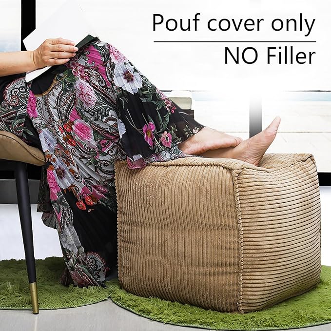 Louis Donné 17 Strip Unstuffed Pouf Ottoman Cover Square Space-Saving Organizer Footrest Cover Indoor & Outdoor Reading Room Kid Pets Girls Super Soft Cotton Fabric Yellow (Only Cover)