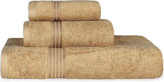 Superior Egyptian Cotton 3-Piece Towel Set, Basic Towels For Bathroom, Home Decor, Guest Bath, Shower, Apartment, Included 1 Face, 1 Hand, 1 Bath Towel, Washcloth, Quick Dry, Toast