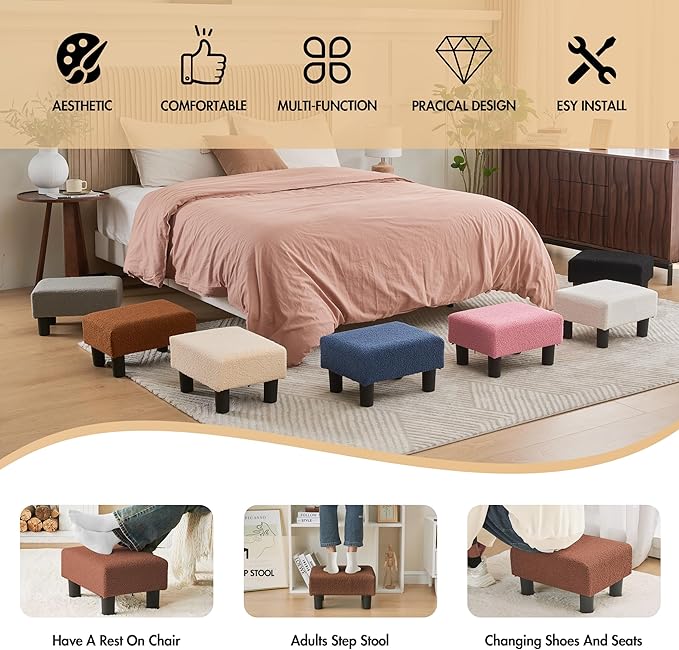 BRIAN & DANY Small Foot Stool Ottoman, Footstool with Legs, Teddy Velvet Foot Rest for Living Room, Bedroom and Office, Brown
