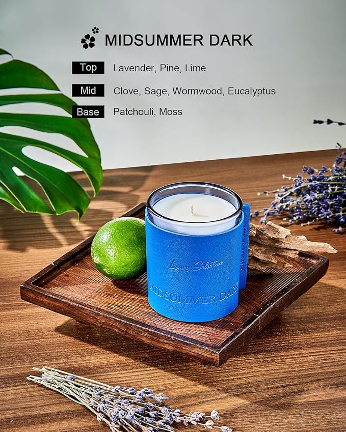 M&SENSE Soy Candles for Home Scented, Midsummer Dark Scented 7.4oz 40 Hours Long Lasting Natural Candle, Aromatherapy Candles for Relaxation, Leather Wrapped Luxury Candle Gifts for Men Women