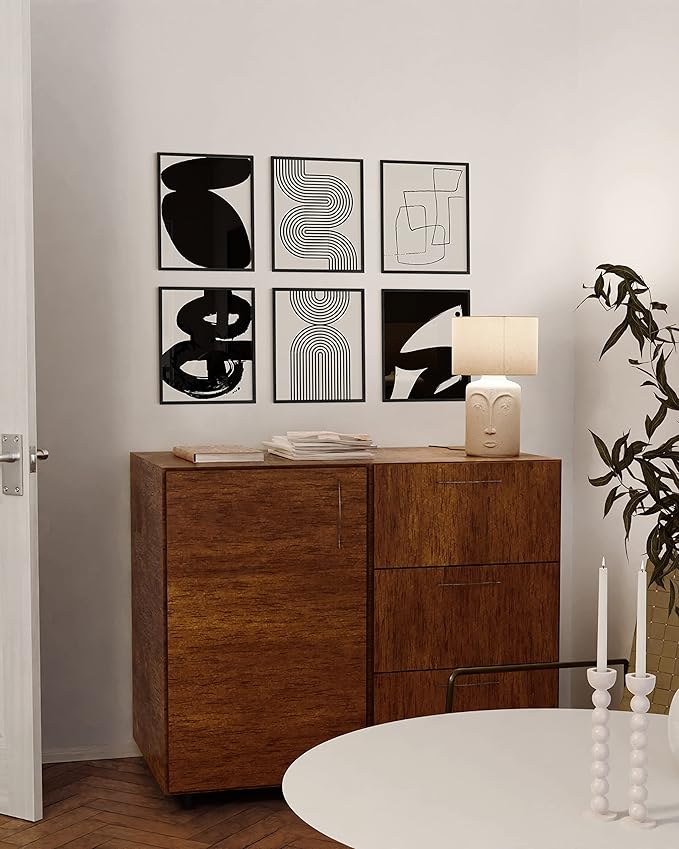 HAUS AND HUES Black Abstract Painting Aesthetic Wall Art- Set of 6 Modern Abstract Wall Art, Black and Gray One Line Abstract Art, Geometric Print Wall Art, Minimalist Wall Art (Black Frame, 16x20)