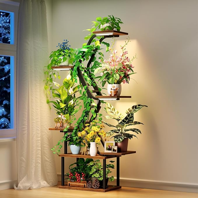 Black Plant Shelves with Grow Lights: 7-Tier 65" Tall Stand for Indoor Corners, Living Room Display or Bedroom Gardening Rack