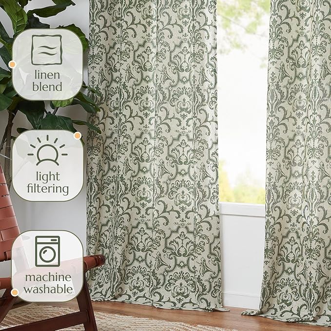 jinchan Linen Curtains for Bedroom & Living Room - Moss Green Damask Patterned Curtains, 84 Inches Long, Light Filtering, Vintage Baroque Style Drapes with Grommet Window Treatments - 2 Panels Set