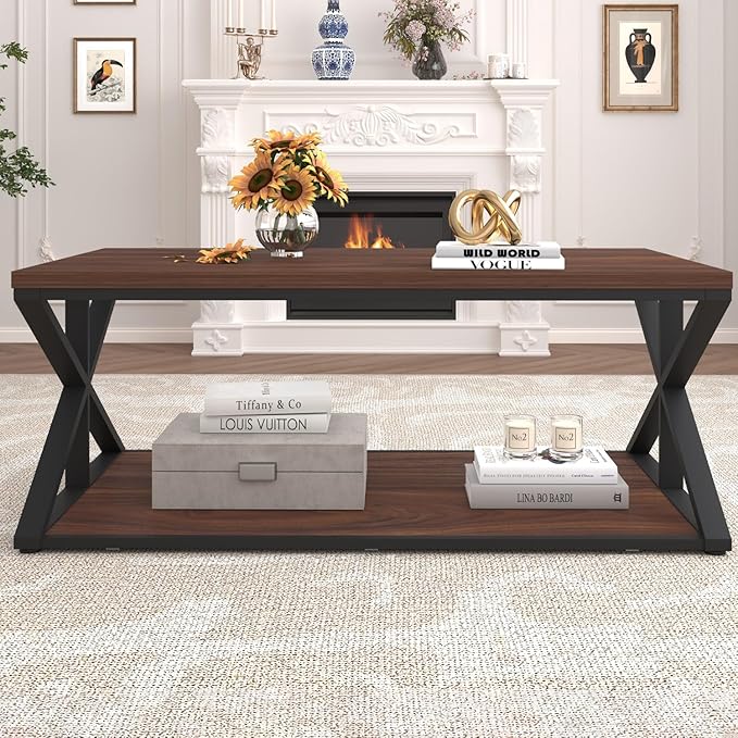 Coffee Table with Storage, Modern Living Room Table, Minimalist Rectangle Center Table, Industrial Vintage Wood Tea Tables, 39 Inch, Walnut