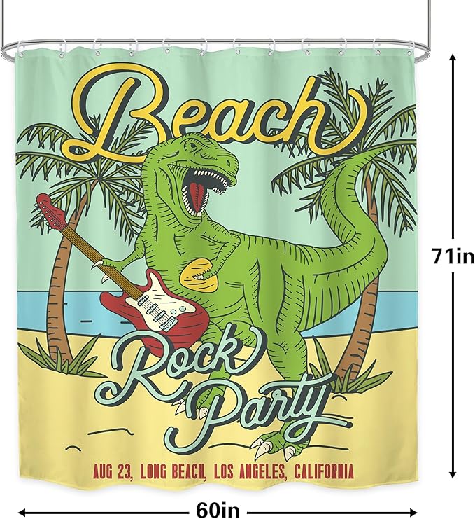 LGhtyro Funny Dinosaur Kids Shower Curtain Bathroom Set 60Wx71H Inches Beach Green Cartoon Dino Trex Animal Raptor Play Guitar Bath Accessories Tropical Palm Tree Art Home Decor Fabric 12 Pack Hooks