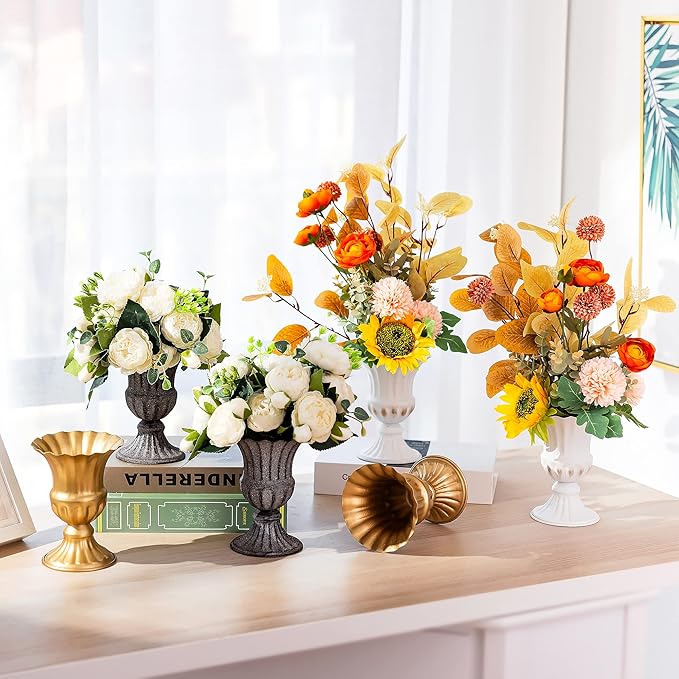 Sziqiqi Metal Flower Arrangements Pot for Wedding Table Centerpiece - Gold Planter Vase Pot for Artificial Real Flower Small Trumpet Plant Urn 6.3in