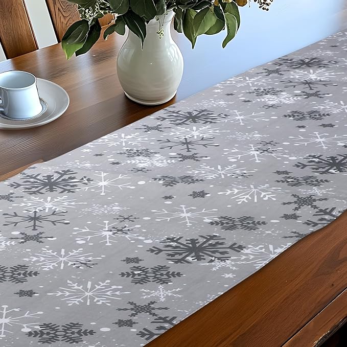Urban Villa Christmas TableRunner Grey Snowflake Table Runner 14”x72” 100% Cotton Over Sized Runner Heavier Quality Table Runner for Christmas Celebrations Dining WeddingDinner Parties Everyday Use