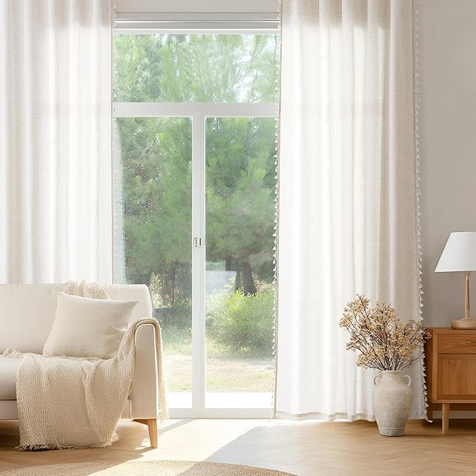Beige Boho Linen Curtains 80 Inches Long 2 Panels Textured Farmhouse Semi Sheer Window Curtains Tassels Back Tab Neutral Light Filtering Chic Curtain Drapes for Living Room Bedroom 38x80
