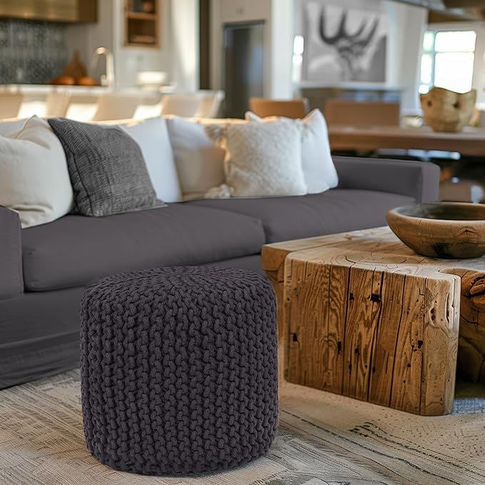 COTTON CRAFT Braided Round Pouf - Hand Knitted Cotton Cord Cable Dori Cylindrical Ottoman - Foot Stool - Floor Pouf - Footrest - Accent Seat - Living Room Bedroom Dorm Décor - 15 Round x 16 H - Grey