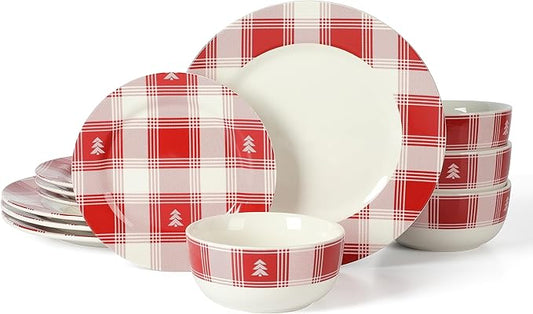 Martha Stewart Plaid Decorated Red and White Stoneware Dinnerware Set, Service for 4 (12pcs)