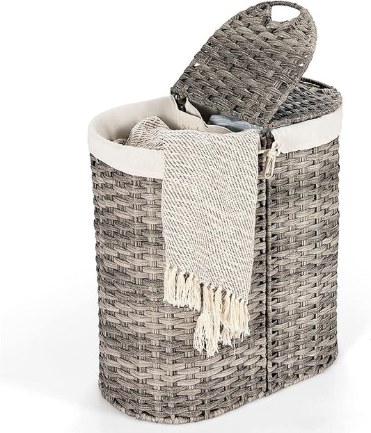 MAT EXPERT Rattan Laundry Hampers, Laundry Baskets with 2 Detachable Canvas Bags, Divided Laundry Hamper with Lids & Handles, Handwoven Oval Landry Bin, Clothes Hamper for Laundry Room/Bedroom (Grey)