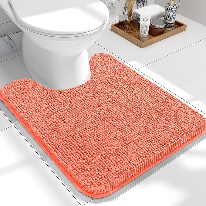 OLANLY Toilet Rugs U-Shaped 24x20, Extra Soft Absorbent Chenille Contour Bathroom Rugs for Toilet, Dry Quickly, Machine Washable, Non-Slip Bath Mat, Coral
