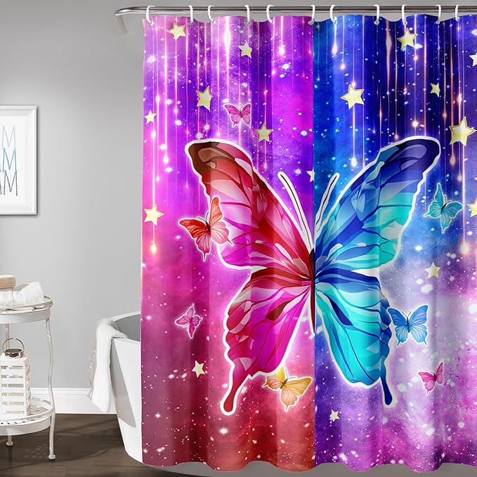 AILONEN Butterfly Shower Curtain,Red and Blue Butterfly Bath Curtain,Tie Dye Starry Rainbow Modern Decorative Shower Curtain with 12 Plastic Hooks (Kids/Girls/Women/Teen/) 72" W*78" H