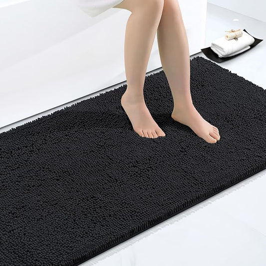 Smiry Luxury Chenille Bathroom Rugs 40x32, Extra Soft and Absorbent Shaggy Bath Mat, Machine Washable, Non-Slip Plush Carpet Runner for Tub, Shower, and Floor, Home Decor Accessories, Black