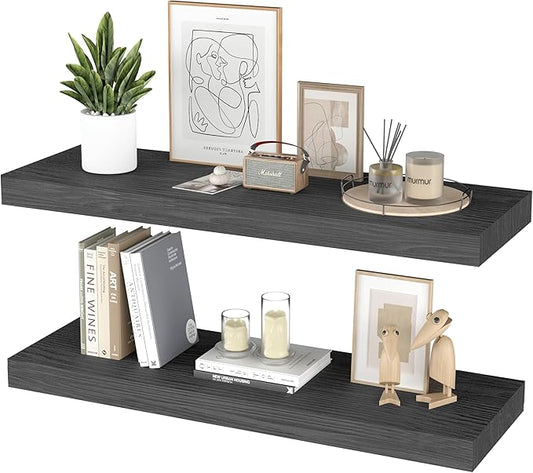 Floating Shelves for Wall - 36 x 9 Inch Wood Shelves for Bathroom, Bedroom, Kitchen Decor, Farmhouse Decor Set of 2, Black