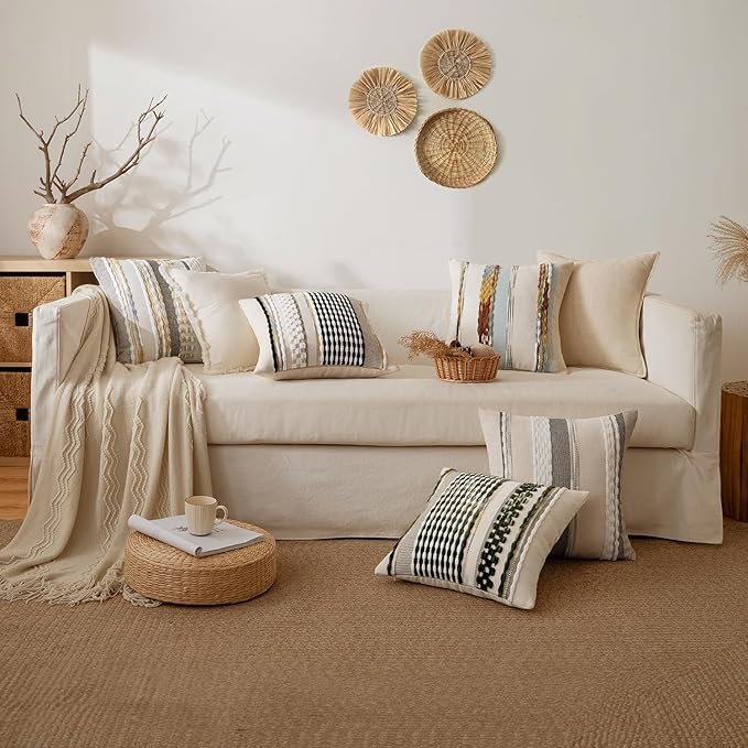 ANRODUO Pack of 2 Boho Decorative Throw Pillow Covers 18x18 Farmhouse Cushion Case Striped Chenille Pillow Cases Square Pillow Covers Accent Neutral Pillowcase for Sofa Couch Bed, Light Blue Stripe
