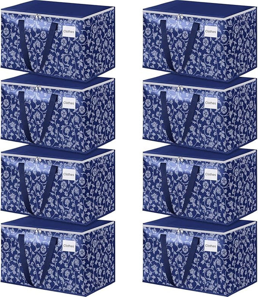 HomeHacks Moving Bags, Extra Large Size Moving Boxes, Heavy Duty Luggage Bags with Smooth Zipper and Sturdy Handles, Large Capacity & Easy Loading Storage Totes for Space Saver 125L, 8-Pack, Blue