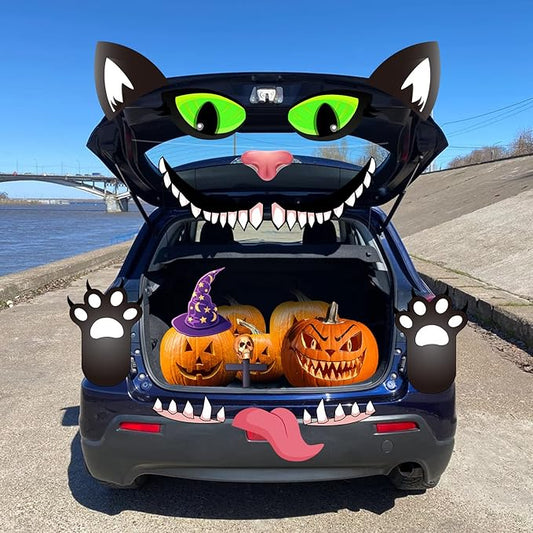POILKMNI Halloween Black Cat Trunk or Treat Car Decorations Kit, Halloween Garage Door Decorations with Eyes, Fangs, Tongue, Nostrils Double Side Stickers for Car SUV Truck, Halloween Decorations