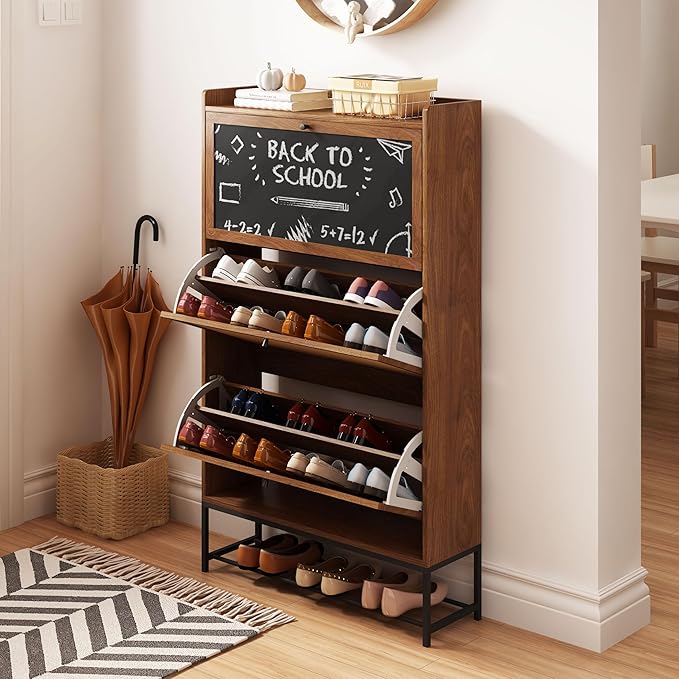 AVZEAR Narrow Shoes Cabinet with 3 Flip Drawers, Free Standing Shoe Racks Organizer Farmhouse Tipping Bucket with Blackboard, Entryway Hallway Storage, Walnut