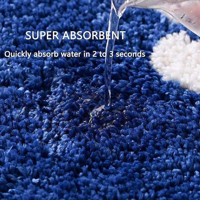Fluffy Bath Mat, White Flower Soft Superfine Fiber Non Slip Machine Wash Plush Mats, Shower Room (20x32, Blue)