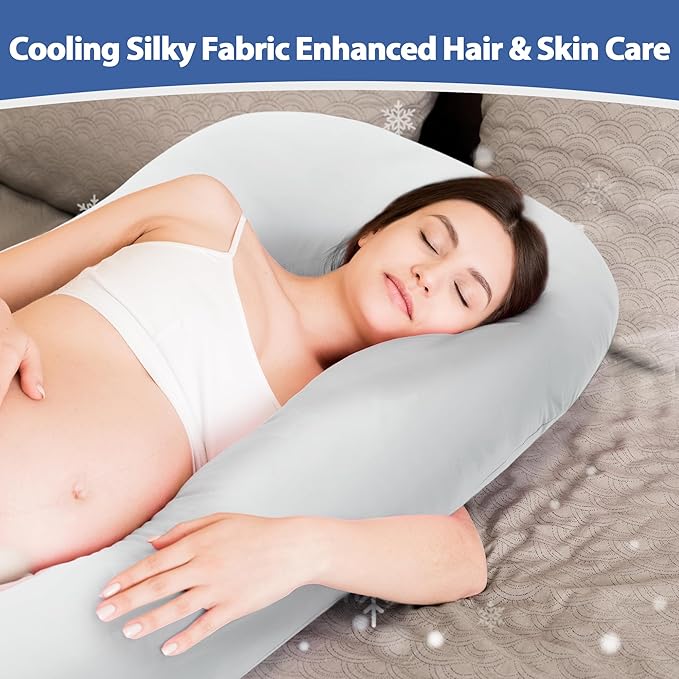 Cooling Pregnancy Pillow Cover (ONLY Pillowcase), Q-Max 0.4 U Shaped Luxurious Smooth Maternity Pillow Cover with Hidden Zip, Cool Large Pillow Protector for Side Hot Sleeper, Grey, 61x31 in