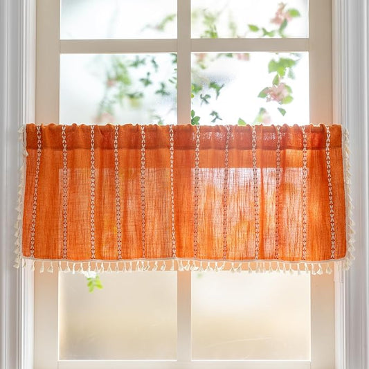 Sutuo Home Boho Kitchen Curtains Valance for Windows, Bohemian Short Curtains Light Filtering Farmhouse Vintage Tassels Window Treatment Embroidery Drape, Rod Pocket 1 Panel 52" W x 18" L, Orange