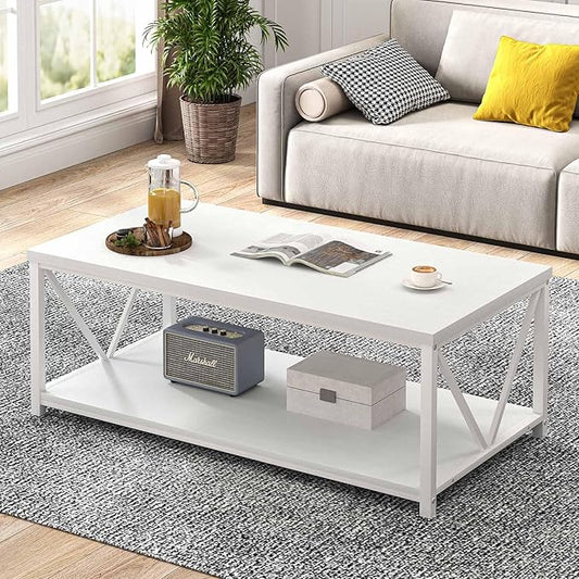EXCEFUR White Coffee Table with Storage Shelf, Modern Rustic Wood and Metal Center Table for Living Room, 47 Inch