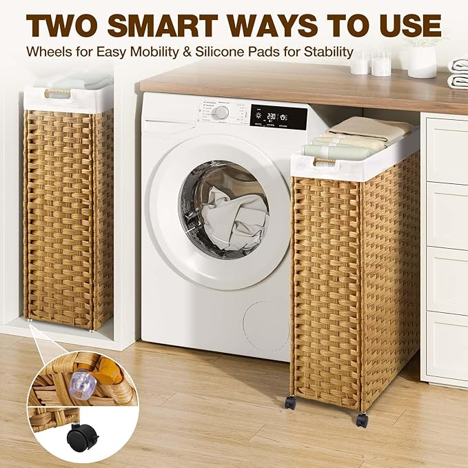 Greenstell Laundry Hamper with Wheels & Handles, 26.4 Gallon (100L) Slim Laundry Basket with 2 Removable Liner Bags & 2 Mesh Bags, Foldable Narrow Clothes Hamper for Bedroom, Bathroom, Closet, Natural