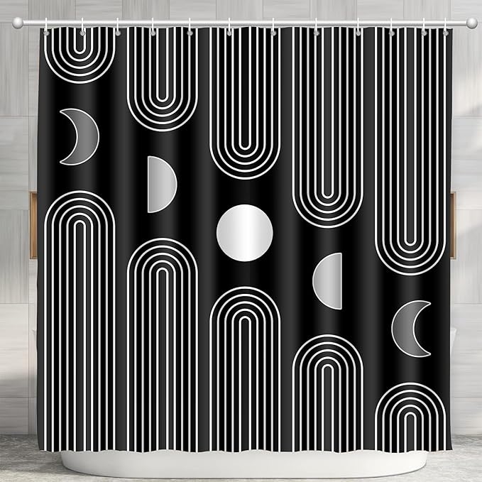 Boho Shower Curtains for Bathroom Mid Century Minimalist Abstract Aesthetic Modern Bathroom Decor Curtain Machine Washable Waterproof Fabric with 12 Hooks (Black Minimalist, 72" x 72")