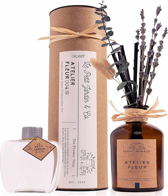 Reed Diffusers - Oil Sticks Diffuser Set with Real Dried Flowers - Reed Diffusers for Home, Bathroom & Office | Air Freshener Fragrance Sticks for Shelf Decor & Gifts by Le Petit Jardin & Co.