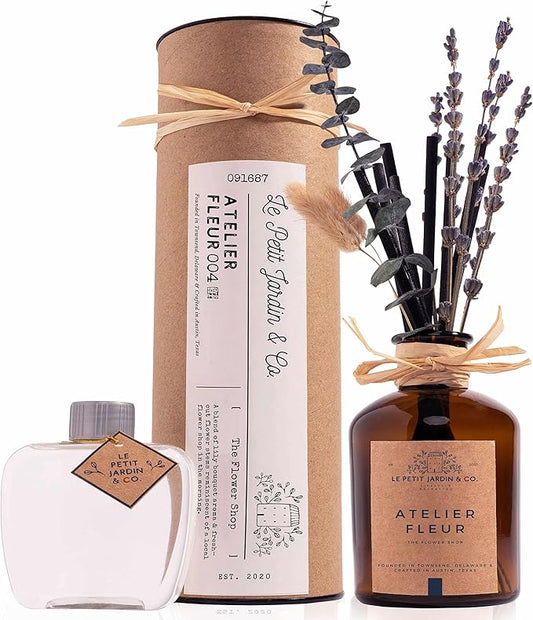 Reed Diffusers - Oil Sticks Diffuser Set with Real Dried Flowers - Reed Diffusers for Home, Bathroom & Office | Air Freshener Fragrance Sticks for Shelf Decor & Gifts by Le Petit Jardin & Co.