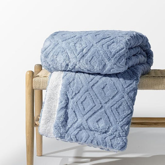 EVERGRACE Jacquard Boho Sherpa Fleece Throw Blanket for Couch, Super Soft Cozy Fuzzy Plush Blankets for All Seasons, Reversible Thick Warm Blanket for Bed, Sofa, Living Room, Blue Linen, 50" x 60"