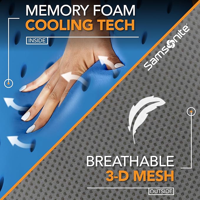 SAMSONITE, Infused-Gel Car Neck Pillow with Airflow Memory Foam, Headrest Support Cushion for Driving, Universal - Fits Any Vehicle, Including SUVs and Trucks, Washable Cover, Large Size, Gray…