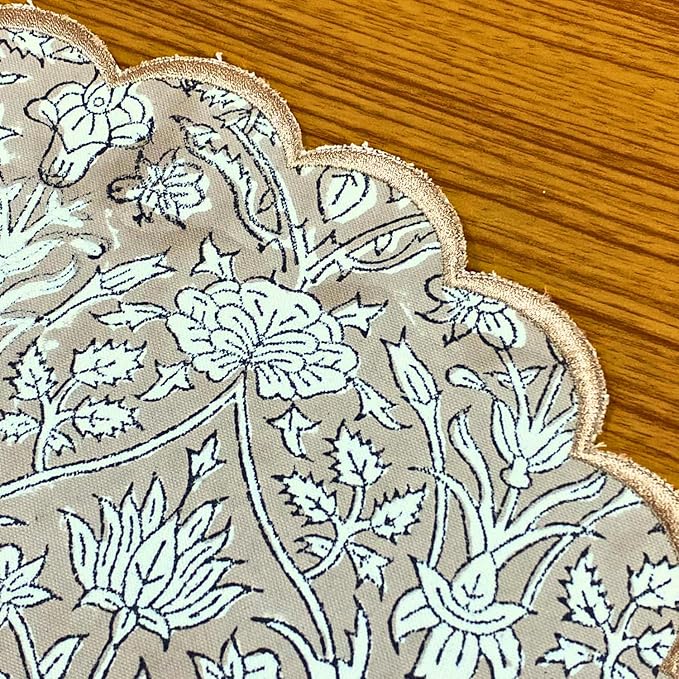 Ridhi Bo-ho Round Place Mat Easter Floral Cotton Washable Placemats 15" Round Embroidery Block Print Table Mat (Pack of 4-15 Inch Round, Taupe)