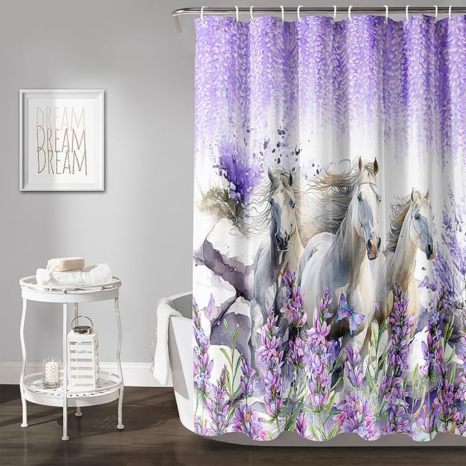 AILONEN Horse Shower Curtain for Boys Girls, Purple Lavender Flower Bath Curtain 48" W*72" H Galloping Horse Bathroom Curtain Polyester Waterproof Watercolor Bathroom Curtain with 12 Hooks